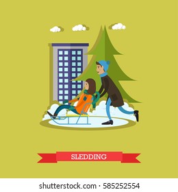 Vector illustration of boy and girl sledding. Cartoon characters. Winter people activities concept design element in flat style