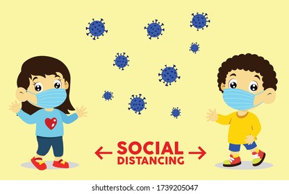 vector illustration of boy and girl social distancing, keep distance with other people in public places to stop spreading COVID-19 coronavirus concept