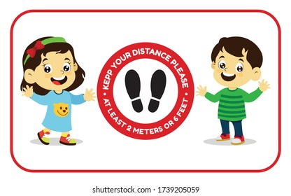 vector illustration of boy and girl social distancing, keep distance with other people in public places to stop spreading COVID-19 coronavirus concept