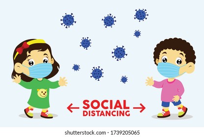 ilustración vectorial del distanciamiento social de niños y niñas, mantener la distancia con otras personas en lugares públicos para dejar de difundir el concepto de coronavirus COVID-19