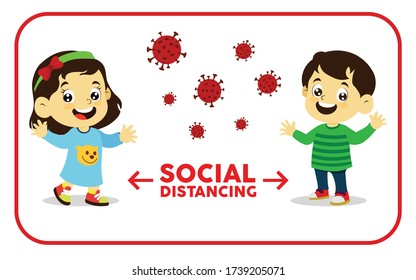 vector illustration of boy and girl social distancing, keep distance with other people in public places to stop spreading COVID-19 coronavirus concept