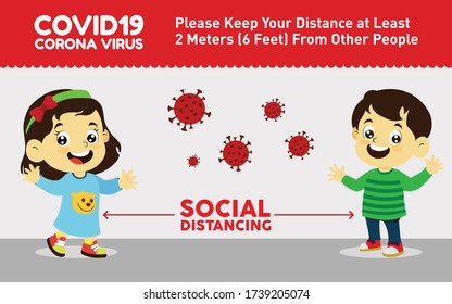 ilustración vectorial del distanciamiento social de niños y niñas, mantener la distancia con otras personas en lugares públicos para dejar de difundir el concepto de coronavirus COVID-19