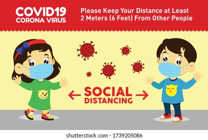 vector illustration of boy and girl social distancing, keep distance with other people in public places to stop spreading COVID-19 coronavirus concept