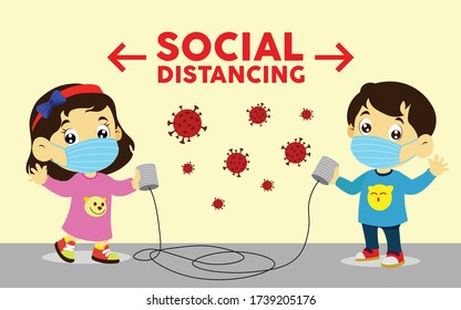 vector illustration of boy and girl social distancing, keep distance with other people in public places to stop spreading COVID-19 coronavirus concept, communicating using tin can phone