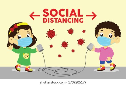 vector illustration of boy and girl social distancing, keep distance with other people in public places to stop spreading COVID-19 coronavirus concept, communicating using tin can phone