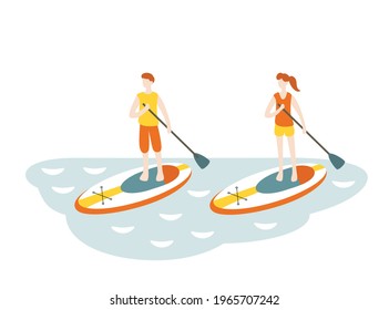 Vector illustration of boy and a girl sup surfing in the sea. Sup standup paddleboarding.