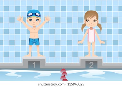 A vector illustration of a boy and a girl swimmer in a swimming competition