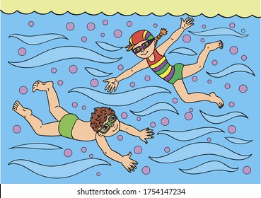 vector illustration of a boy and a girl swimming under water