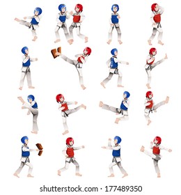 A vector illustration of Boy and girl in taekwondo in different positions