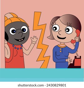 Vector illustration of a boy and a girl talking on the telephone