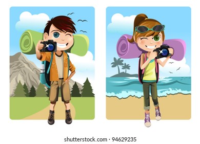 A vector illustration of a boy and a girl traveling and camping while taking pictures