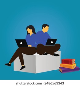 Vector Illustration Of boy and girl  Using laptop, sitting on square box and try to how grow a business, with collection of some books in bottom, with abstract background   
