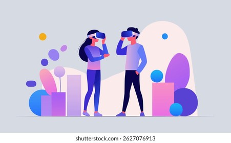 Vector illustration of a boy and girl using virtual reality glasses. People wearing VR glasses. Abstract flat design.