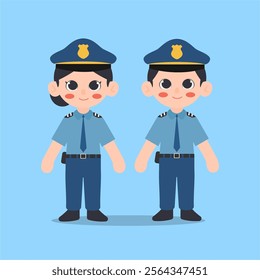 Vector illustration of a boy and girl wearing police costumes.