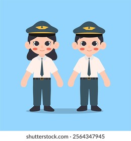 Vector illustration of a boy and a girl, wearing airplane pilot uniforms.