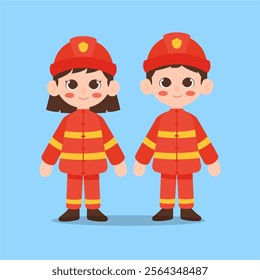 Vector illustration of a boy and a girl, wearing firefighter uniforms.