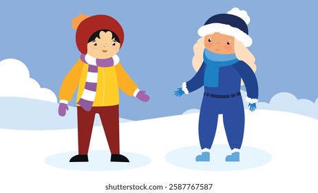 Vector illustration of a boy and a girl in winter clothes on the snow