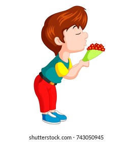 vector illustration of boy give bouquet flowers