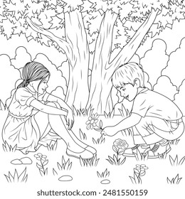 Ilustración vectorial, niño le da flores a la niña en el prado, libro para colorear