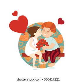 
Vector illustration  of a boy gives a  flowers to girl on Valentine's Day