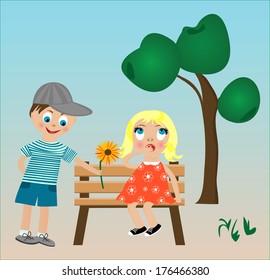 Vector illustration of a boy giving a flower to a girl on a bench