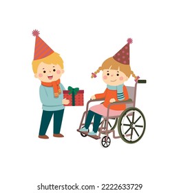 Vector illustration of boy giving gift box to little disabled girl in a wheelchair