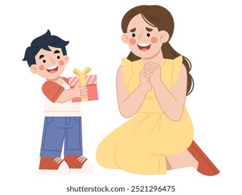 Vector illustration of a boy giving a gift to his mother