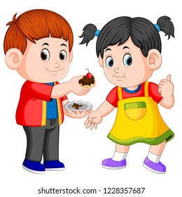 Vector illustration of A boy giving his girlfriend a piece of cake on a plate