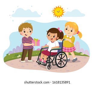 Vector illustration of a boy giving a present to a little disabled girl in a wheelchair.