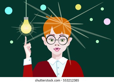 Vector Illustration Of A Boy With Glasses With A Good Idea, Smart Kid In Class. Happy Child Against Blackboard, Light Bulb. Idea Concept . Success, Creative And Innovation Technology Concept