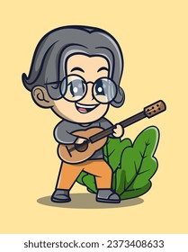 vector illustration of boy in glasses playing cute guitar. surrounding plants