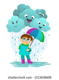 Vector illustration of a boy in glasses with umbre, enjoying the rain. Happy child have fun on rainy day. Childhood in rainy weather. Funy clouds with happy emotions. 