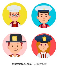 Vector illustration of boy with glasses in white toque, two kids in firefighter and seaman hats, red-haired girl in policeman cap.