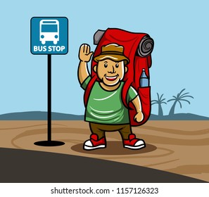 Vector illustration of boy go backpacking.