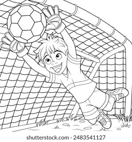 Vector illustration, boy goalkeeper catches the ball, book coloring.