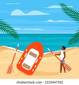 Vector illustration  Boy is going to sail on an inflatable boat. Sea background. Beach vacation, travel concept. Summer. Sea coast. Paddles. Marine. Sand.