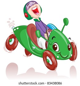 Vector illustration, boy in a green race car, card concept