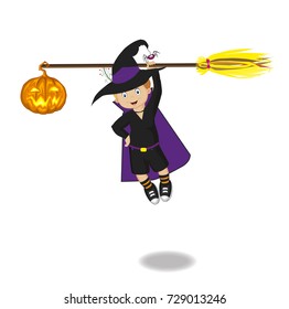 Vector illustration of boy in halloween costume flying on broomstick with pumpkin. Clip art. 