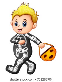 Vector illustration of Boy in halloween skeleton costume with pumpkin basket