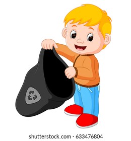 vector illustration of Boy Handling a Plastic Garbage Bag