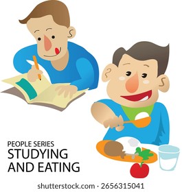 Ilustración vectorial de niño ha estado estudiando y comiendo
