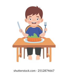 Ilustração vetorial de um menino tendo sua refeição da tarde