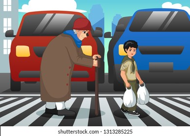 A vector illustration of Boy Helping Old Lady Crossing Street