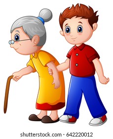 Vector Illustration Of Boy Helps Old Lady And Helping Her To Walk With Her Cane