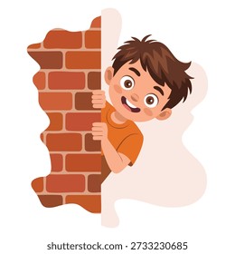 Vector illustration of boy hiding behind brick wall peeping cartoon style ideal for kids playful school and curiosity themed creative artwork