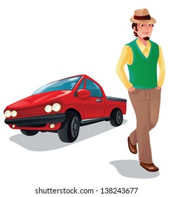 vector illustration, a boy with his car, isolated
