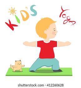 Vector illustration, boy and his cat practicing yoga. Kid's yoga fun colorful poster. Cute little child and his kitten doing yoga together., Cartoon style warrior asana, virabhadrasana, for beginners.