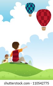 A vector illustration of a boy and his dog watching hot air balloons - Shutterstock ID 110542775