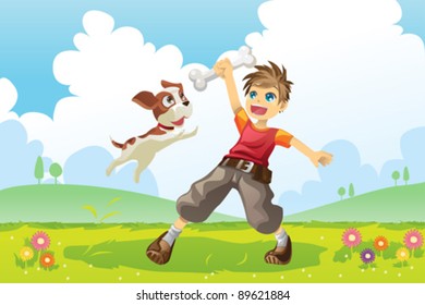 A vector illustration of a boy and his dog playing in the park