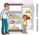 vector illustration of boy and his father looking at the refrigerator.The boy asks his father for the juice in the refrigerator.